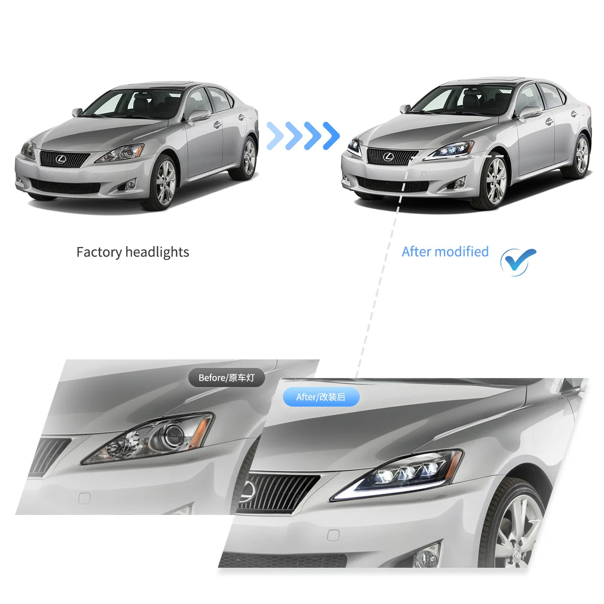 06-12 Lexus IS250/IS250C/IS350/IS220d & 08-14 ISF(XE20) Vland Matrix Projector strålkastare E-mark - 7