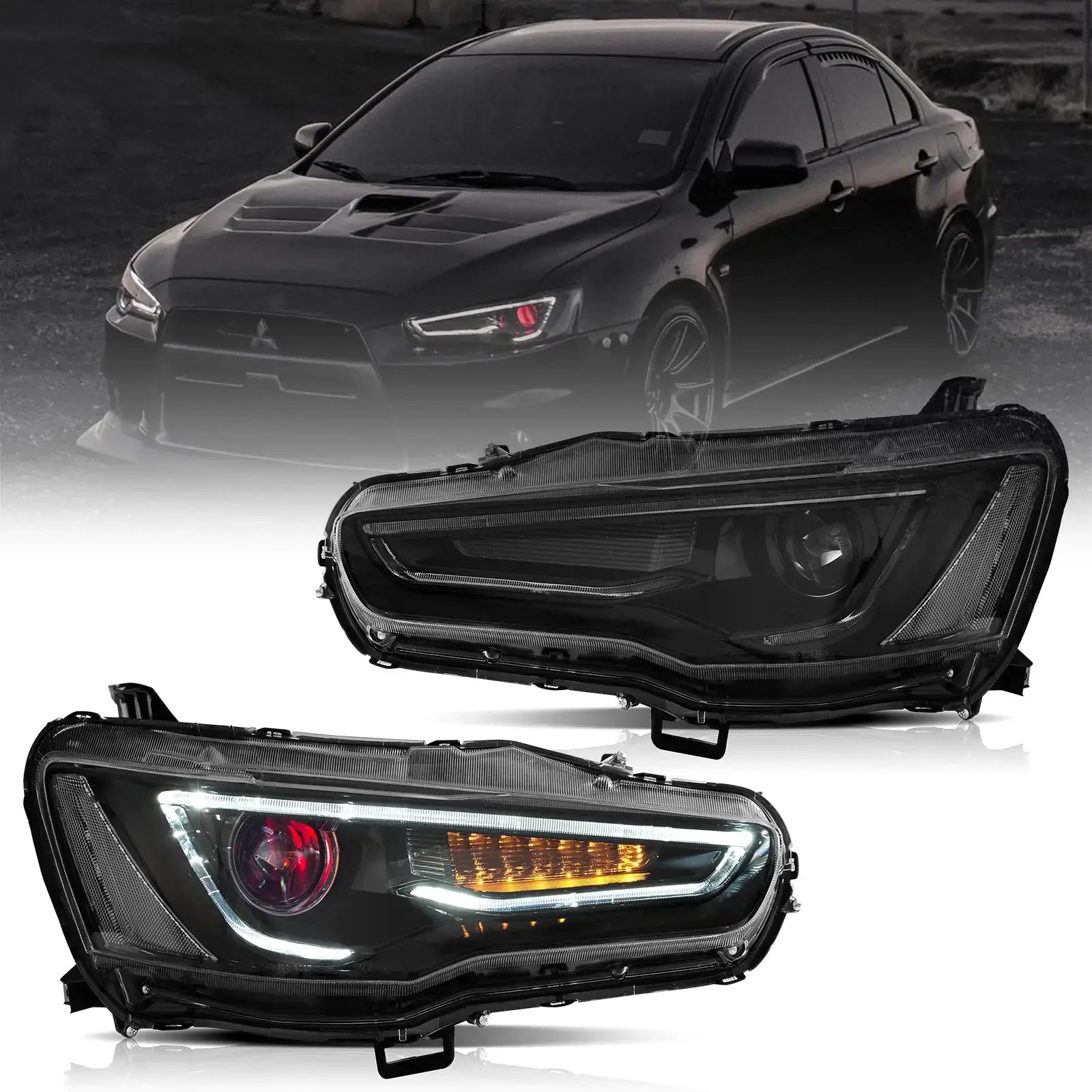08-17 Mitsubishi Lancer / Evo X Vland Dual Beam Projector strålkastare med Demon Eyes Black