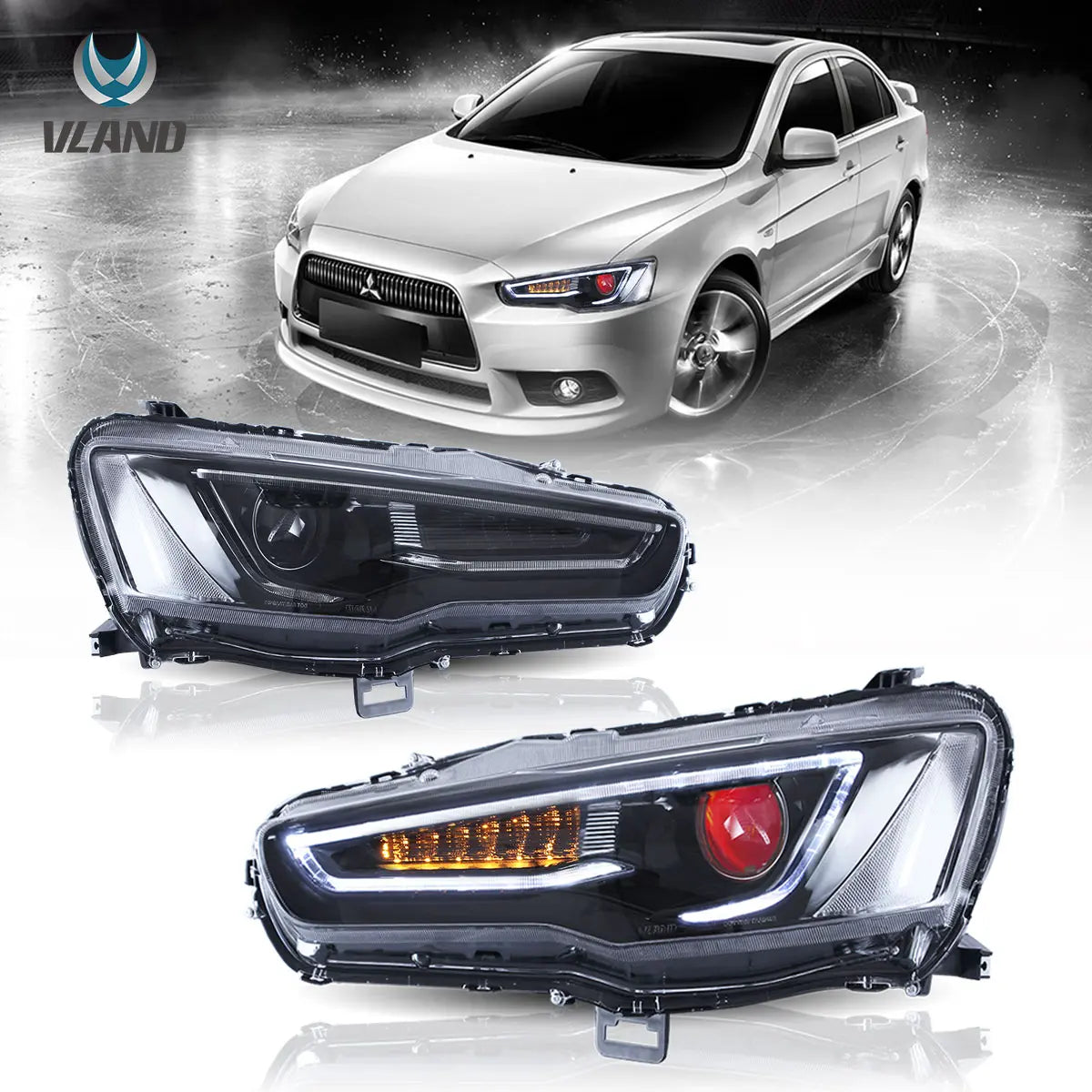 08-17 Mitsubishi Lancer / Evo X Vland Dual Beam Projector strålkastare med Demon Eyes Black - 5