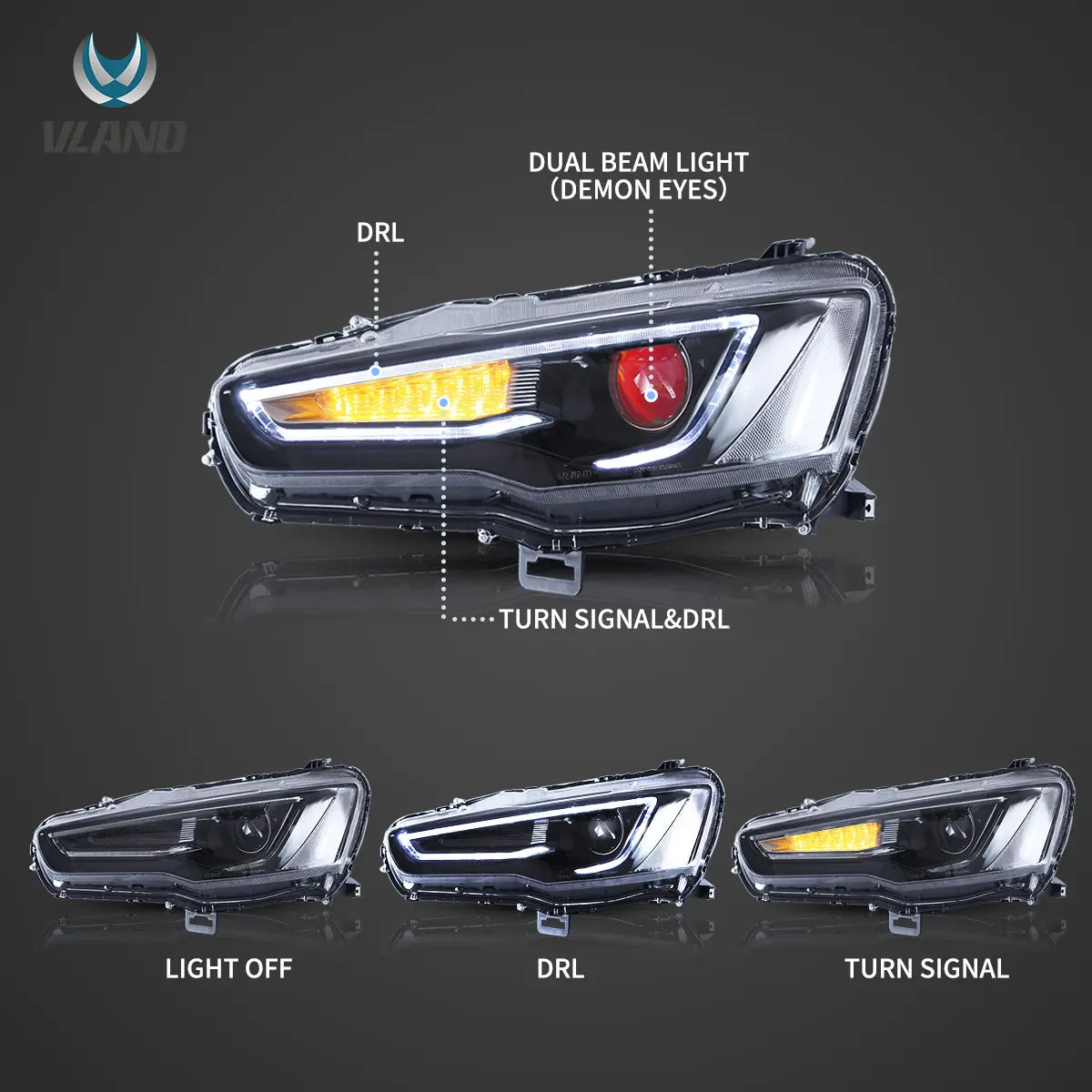 08-17 Mitsubishi Lancer / Evo X Vland Dual Beam Projector strålkastare med Demon Eyes Black - 4