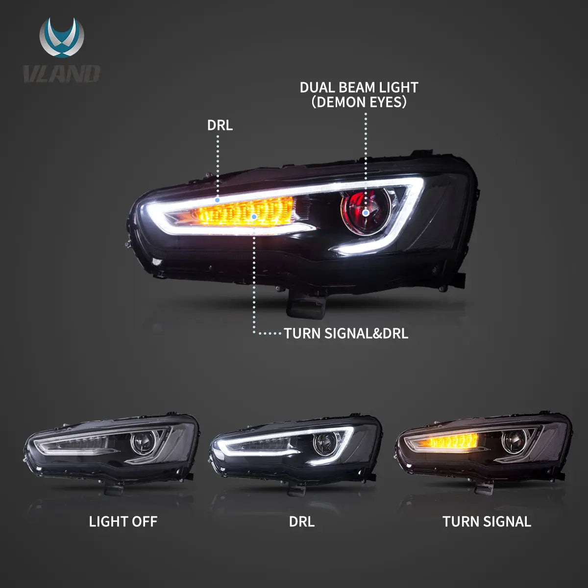 08-17 Mitsubishi Lancer / Evo X Vland Dual Beam Projector strålkastare med Demon Eyes Black - 7