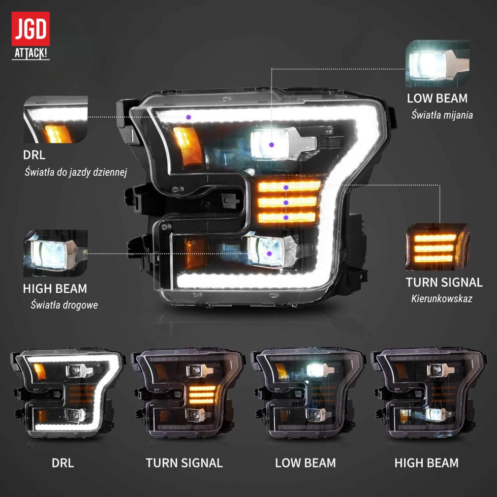 Full-LED strålkastare – Orange blinkers – Vland – Sats (F150 15-17) - 2
