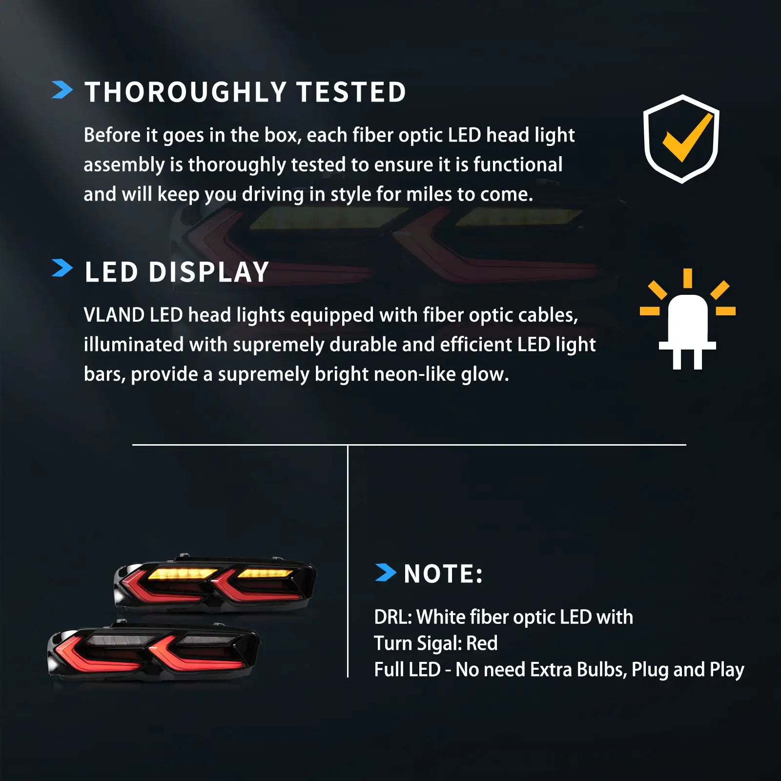 VLAND LED bakljus för Chevrolet Chevy Camaro 2019-2024 LS, LT, LT1, SS, ZL1 med Amber sekventiell blinkers - 15