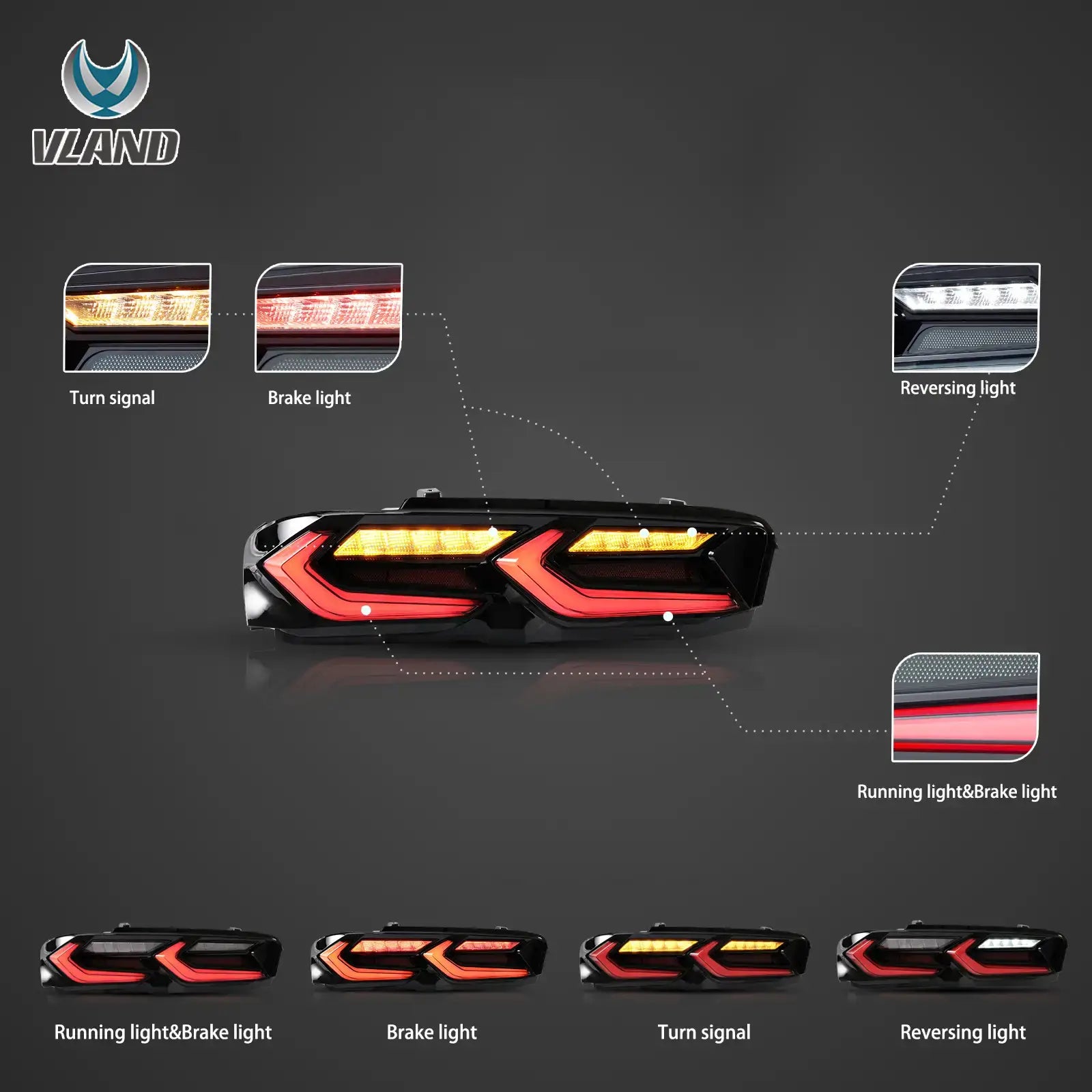 VLAND LED bakljus för Chevrolet Chevy Camaro 2019-2024 LS, LT, LT1, SS, ZL1 med Amber sekventiell blinkers - 9