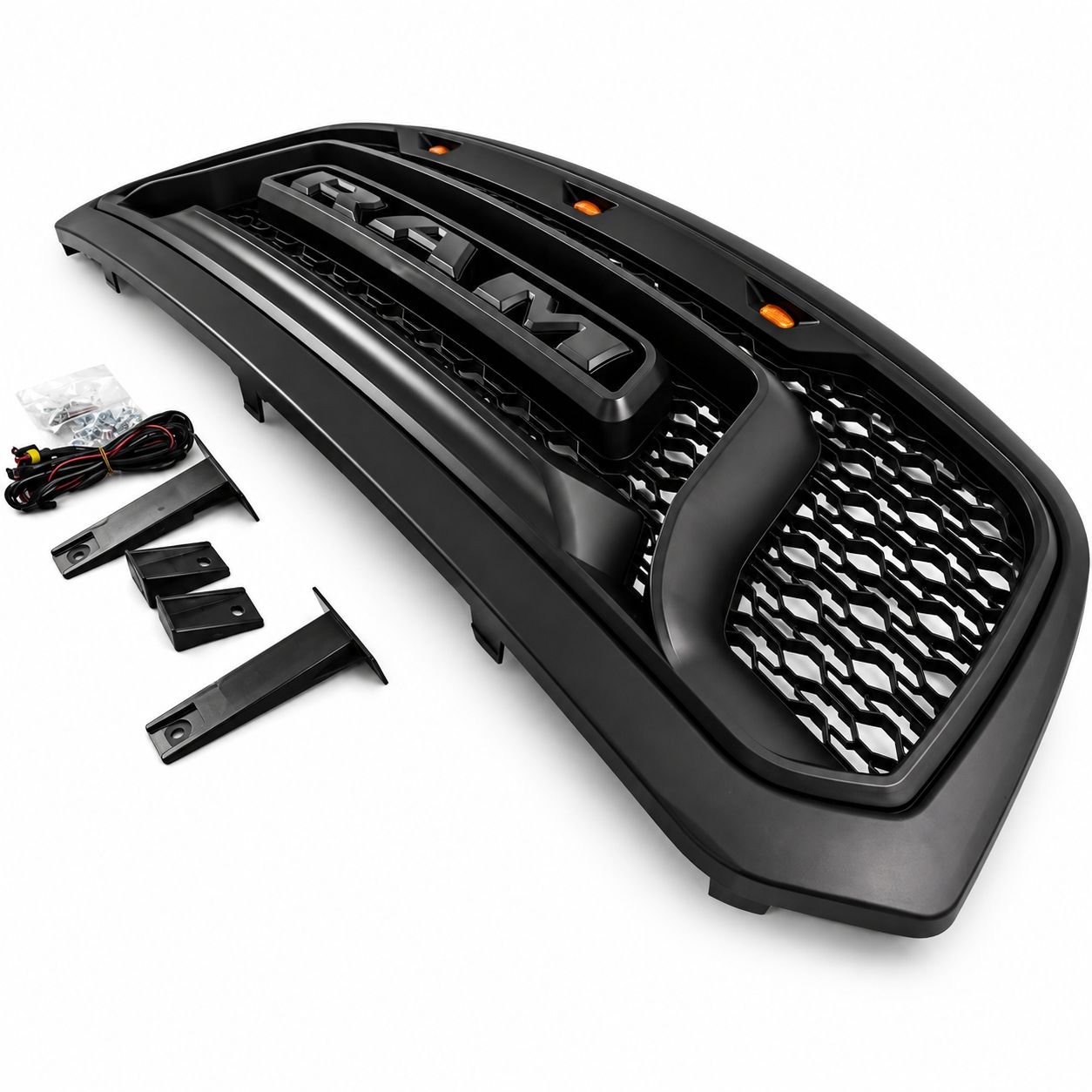 Övre grill med LED – Rebel-stil – mattsvart – svarta bokstäver – RAM 1500 2013–2018 - 3