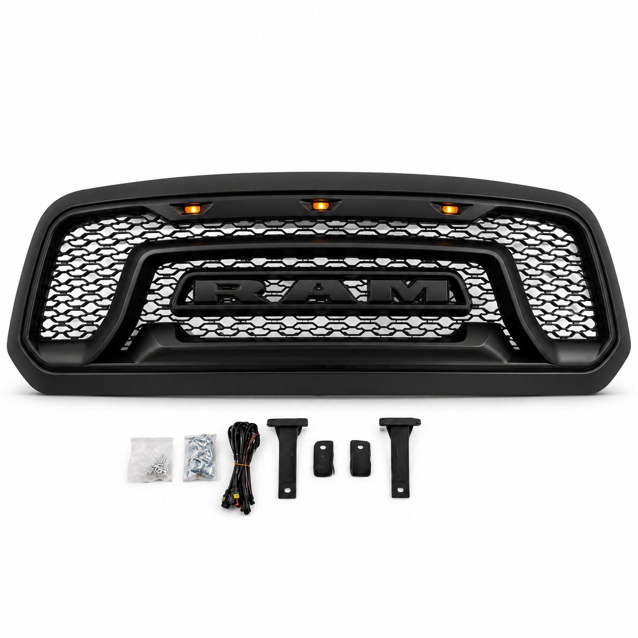 Övre grill med LED – Rebel-stil – mattsvart – svarta bokstäver – RAM 1500 2013–2018 - 2