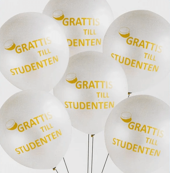 Ballonger "Grattis till studenten" - Vita med guldtext 10-pack