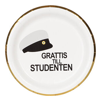 Papperstallrikar 18 cm - "Grattis till studenten" - Guldkant