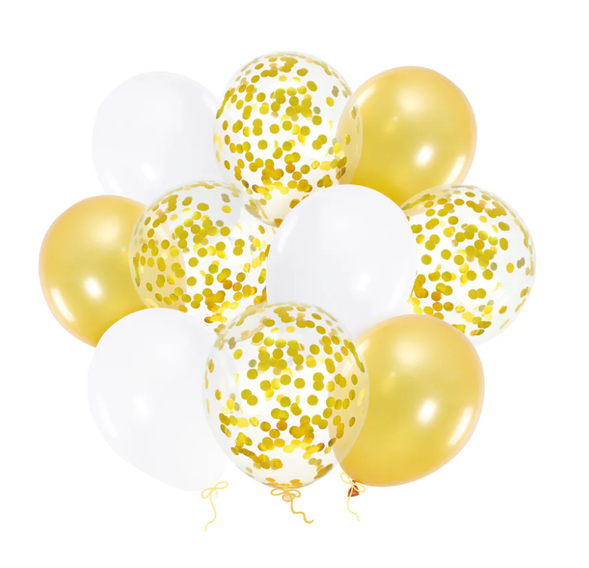 Ballongbukett - Guld, vit & konfetti (10-pack)