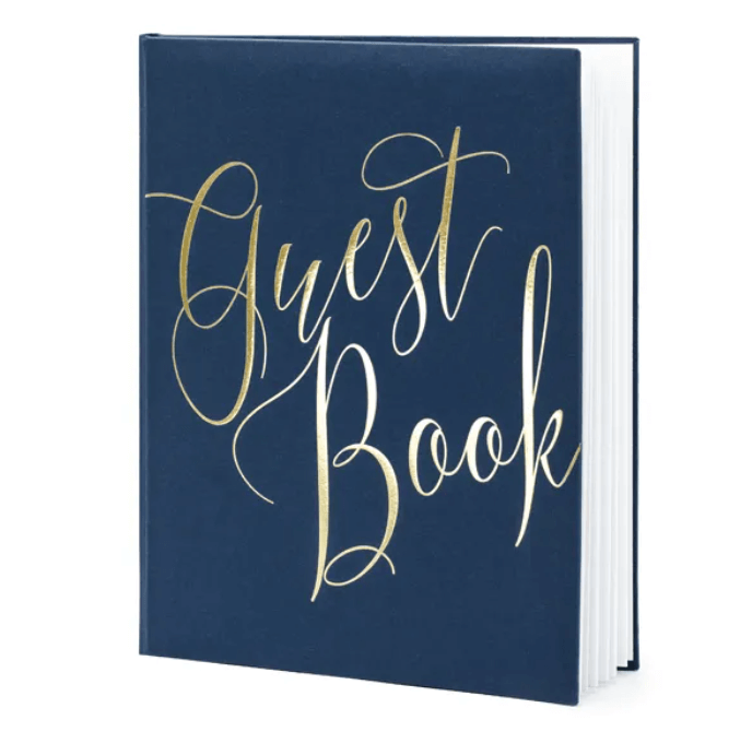Gästbok - Mörkblå med guldtext