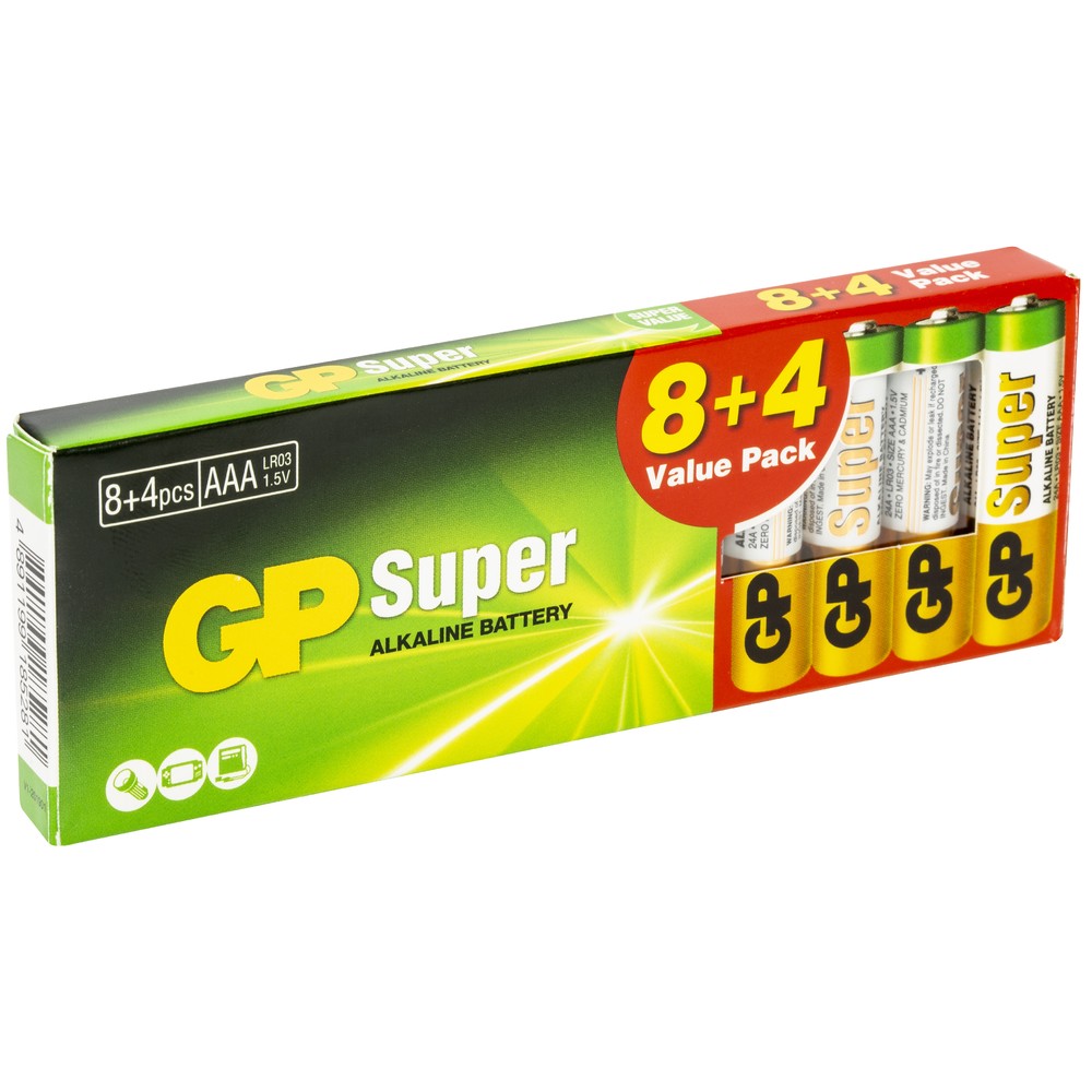 BATTERI 1,5V AAA/LR03 SUPER ALKALINE 8+4 PACK