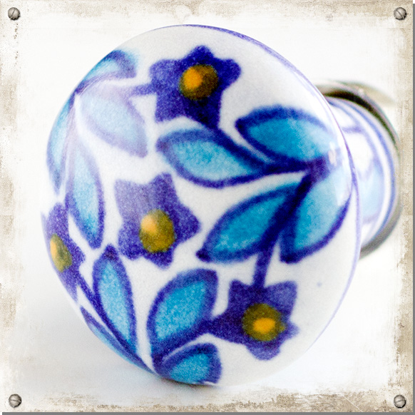 Rund knopp med blåa blommor och blad