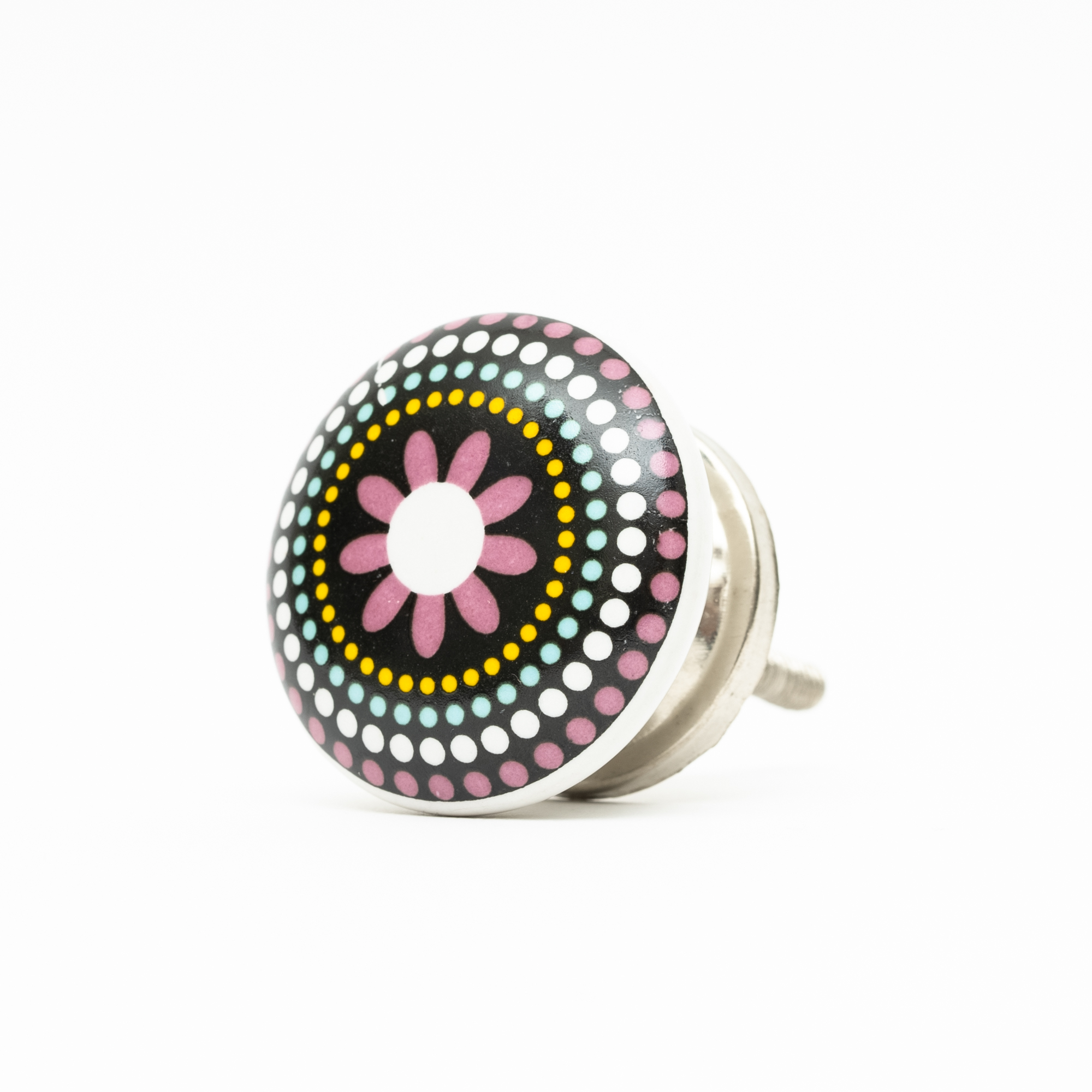 Bunter Retro-Schrankknopf aus Porzellan mit Blume und Punkten