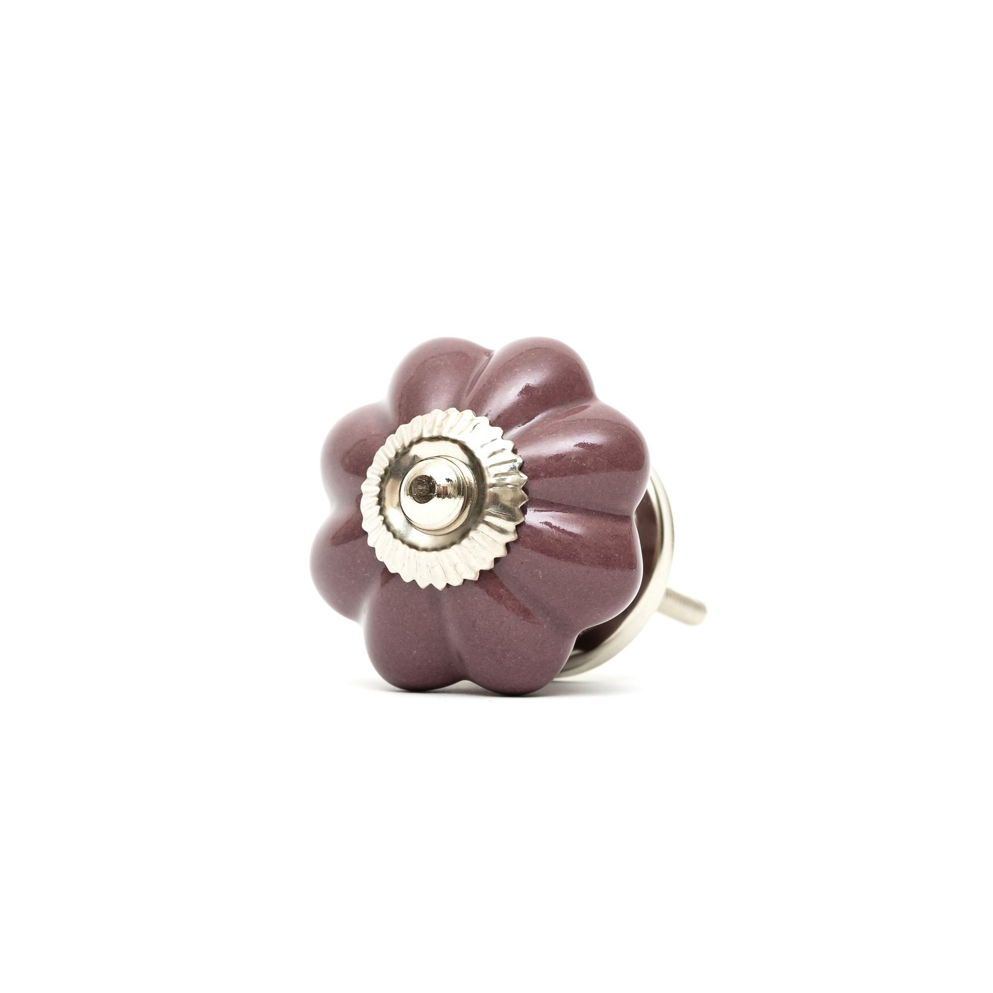 Porslinsknopp - 45 mm diameter - Ljunglila dörrknopp som en blomma med silverkrage