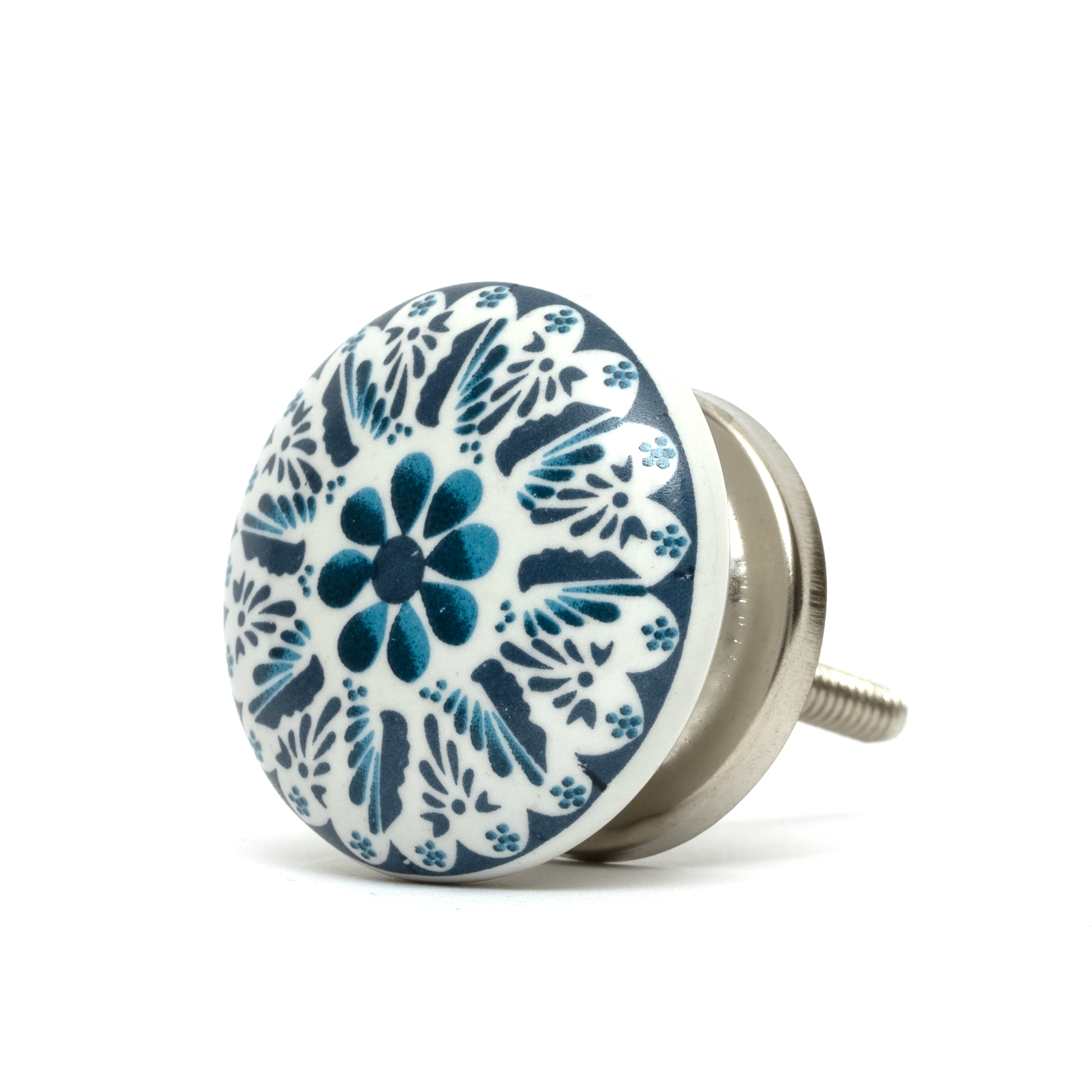 Porzellanknopf - 40 mm - Küchenknopf in weiß mit blauem Blumenmuster