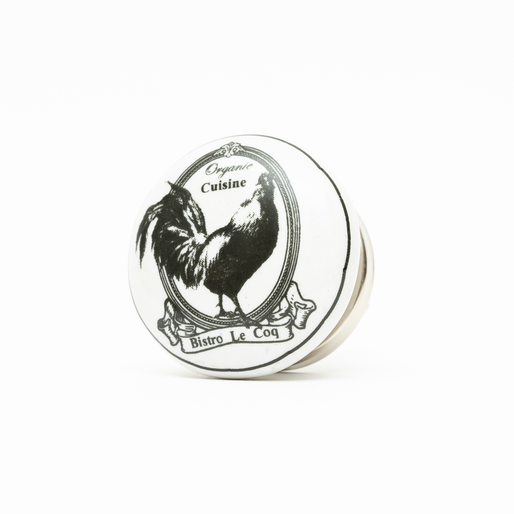 Küchenknopf mit französischem Text und Motiv eines Hahns