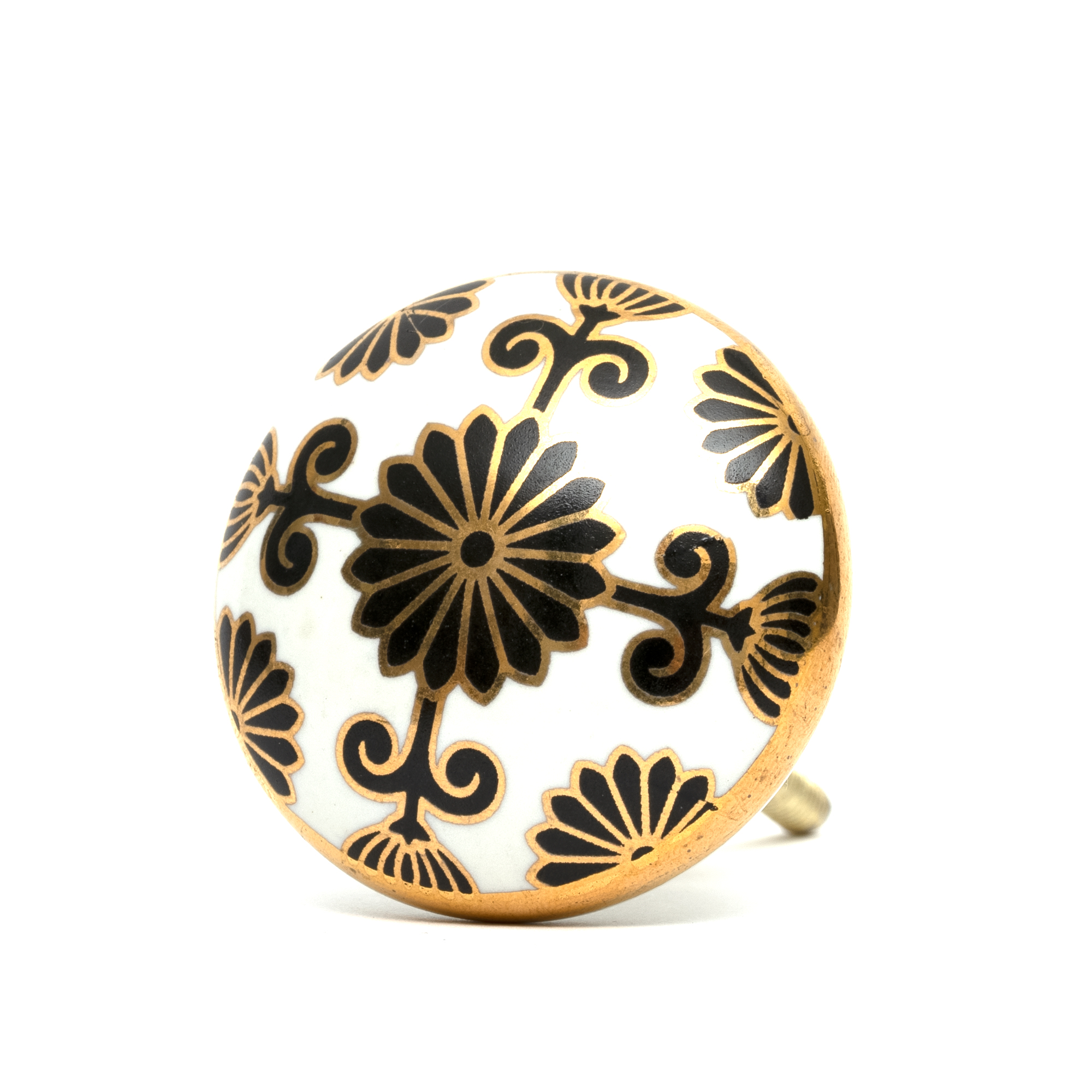 Schubladenknopf in Weiß mit orientalischem Muster in Schwarz und Gold