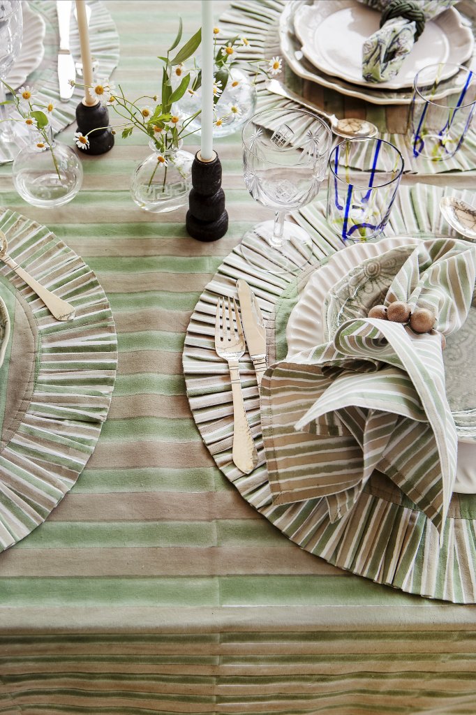 Bomullsduk Jaipur Stripe med volang - Green - 3