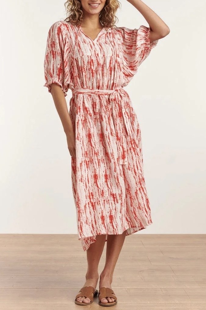 Smashed Lemon - Florette Coral Printed Belted Maxi Dress - 3