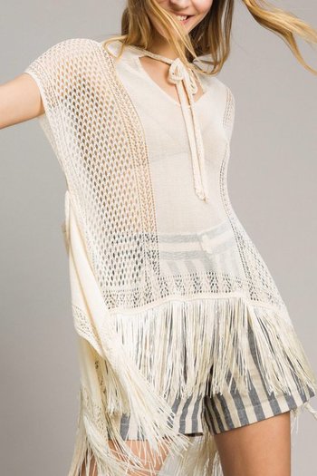 Twin Set - Mesh And Lace Stitch Fringed Poncho