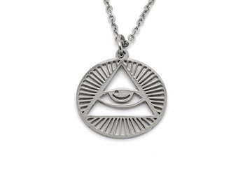 Allseende Öga Halsband i Rostfritt Stål, Triangel och Solstrålar Hänge, Visdom Accessoar, Kunskap Smycke
