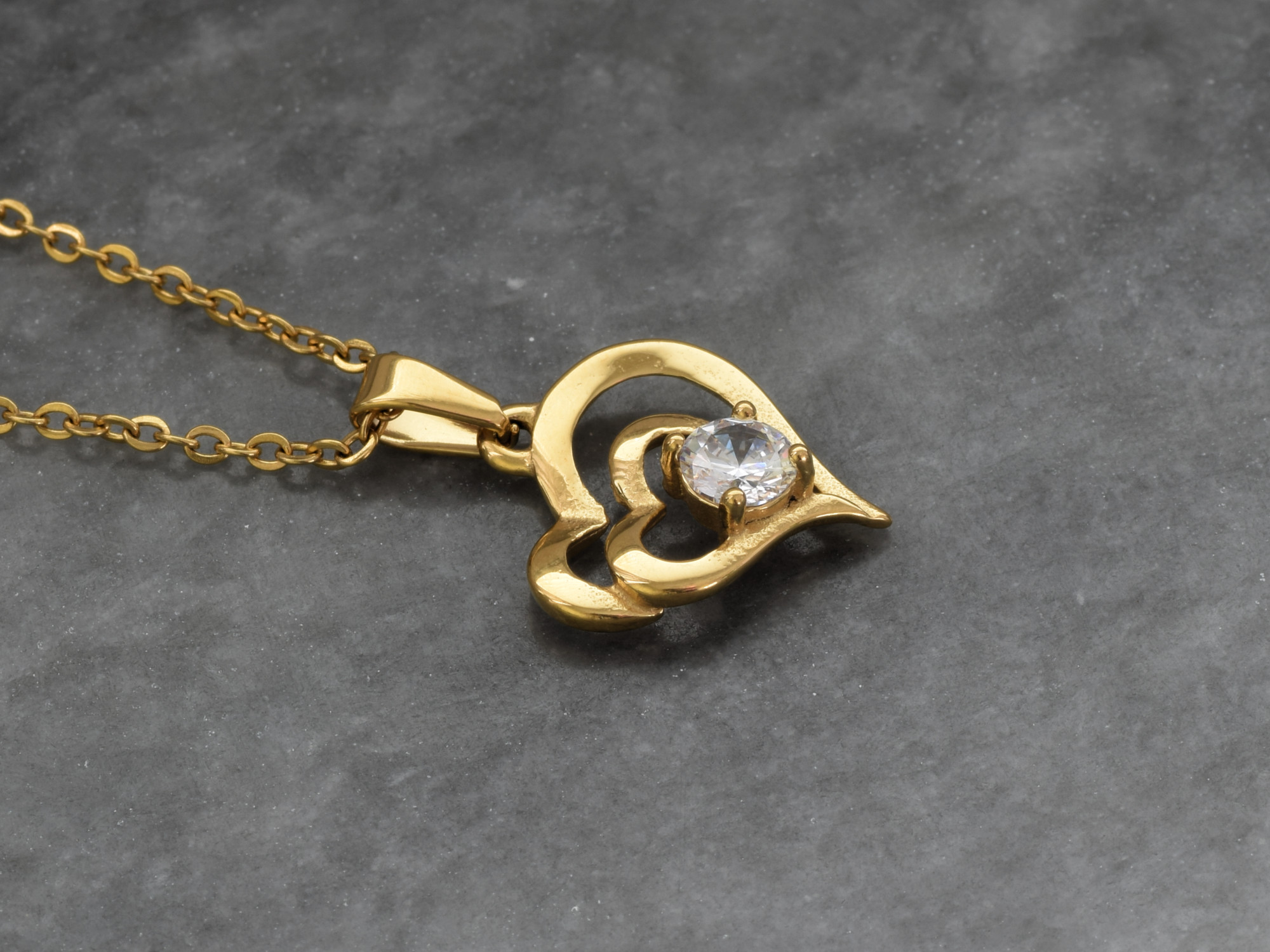 Dubbelhjärta med Cubic Zirconia Halsband i Rostfritt Stål Guld, Kärlek Hänge, Hjärta Smycke - 2