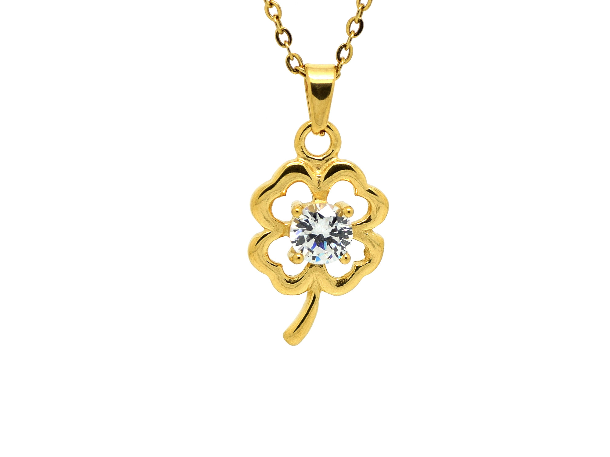 Guld Fyrklöver med Cubic Zirconia Halsband i Rostfritt Stål, Tur och Lyckosymbol Smycke