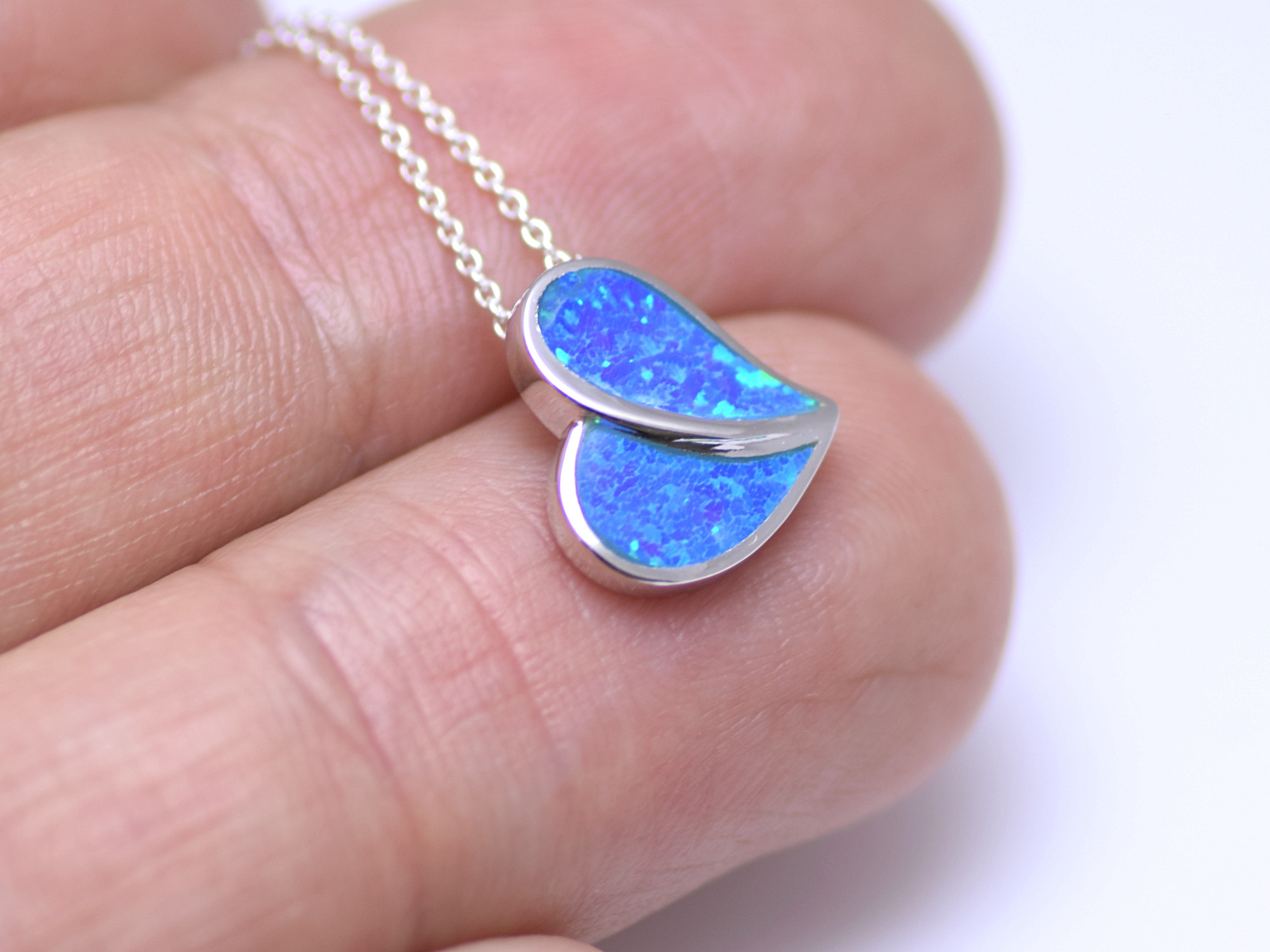 Hjärta med Blå Syntetisk Opal Halsband i Äkta 925 Silver, Hjärtformat Ädelsten Smycke - 4