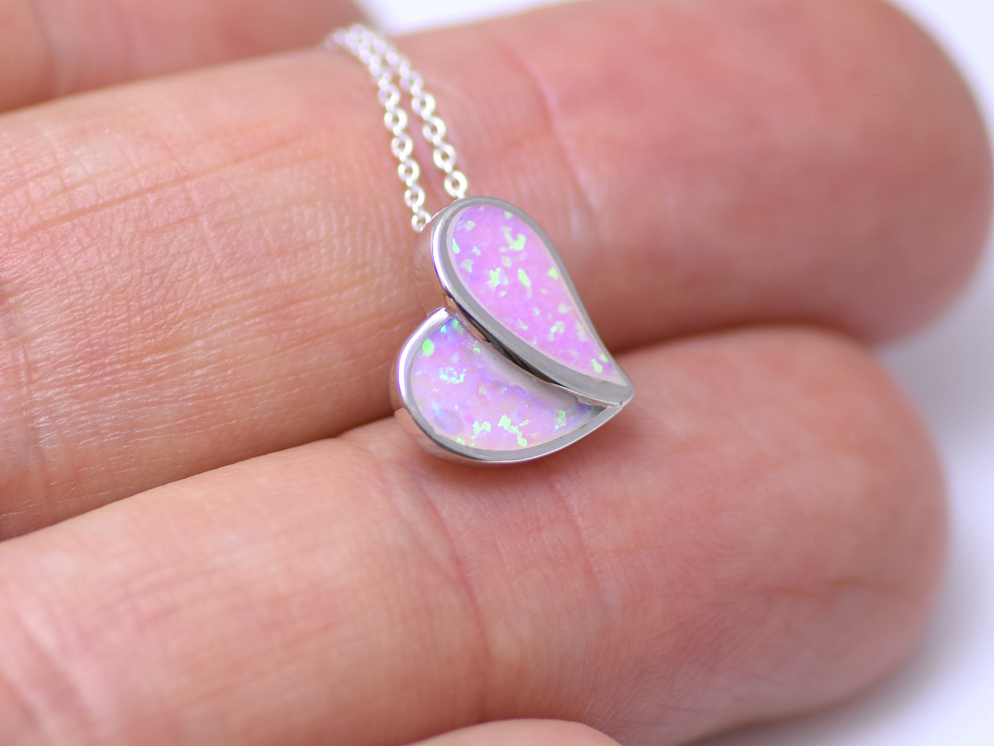 Hjärta med Rosa Syntetisk Opal Halsband i Äkta 925 Silver, Hjärtformat Ädelsten Smycke - 4