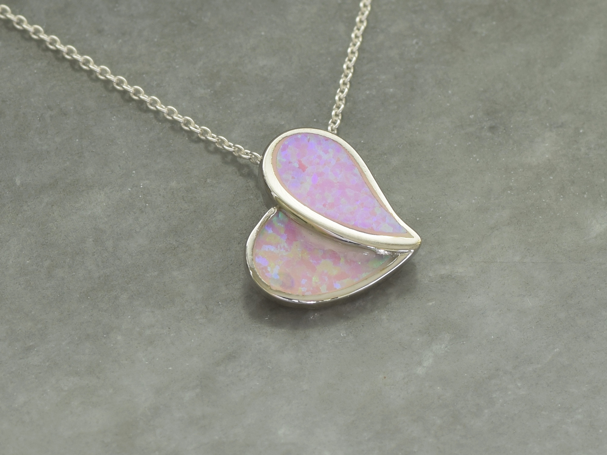 Hjärta med Rosa Syntetisk Opal Halsband i Äkta 925 Silver, Hjärtformat Ädelsten Smycke - 3
