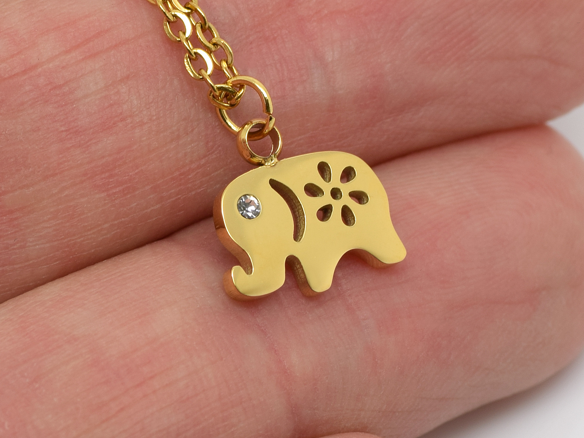 Elefant Halsband i Rostfritt Stål Guld med Kristall som Öga, Gyllene Afrika Hänge, Djur Smycke - 2