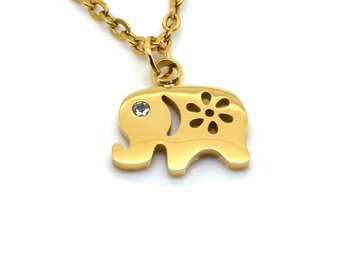 Elefant Halsband i Rostfritt Stål Guld med Kristall som Öga, Gyllene Afrika Hänge, Djur Smycke
