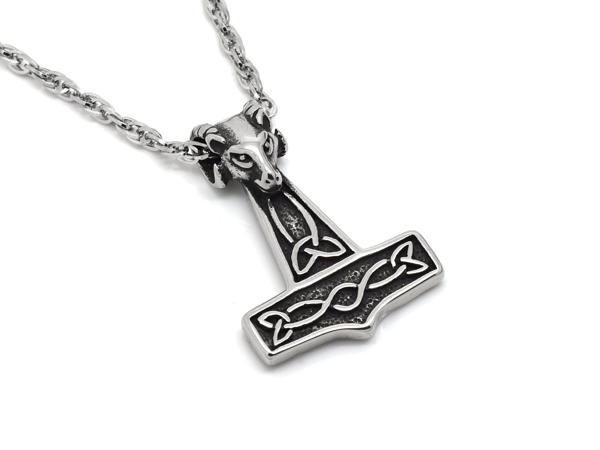 Torshammare med Vädur Halsband i Rostfritt Stål, Viking Hänge, Asatro Accessoar, Mjölner Smycke