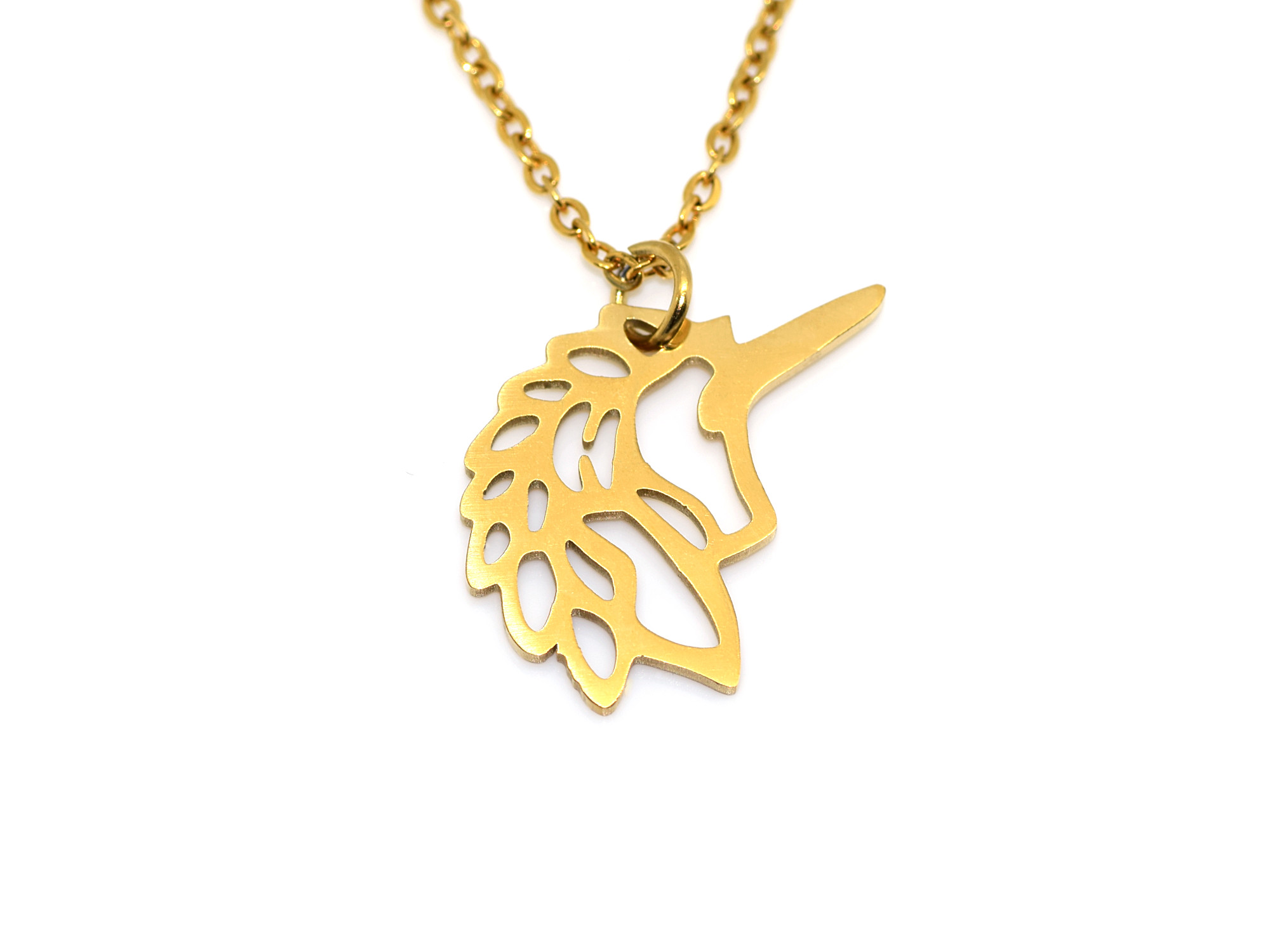 Enhörning Halsband i Rostfritt Stål Guld, Mytologiskt Hänge, Sagohäst Accessoar, Fantasy Smycke