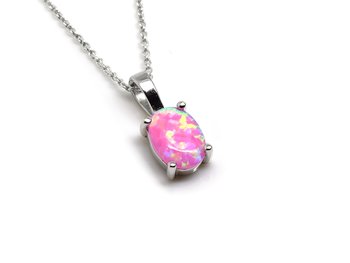 Rosa Syntetisk Opal Halsband i Äkta 925 Silver, Ädelsten Smycke