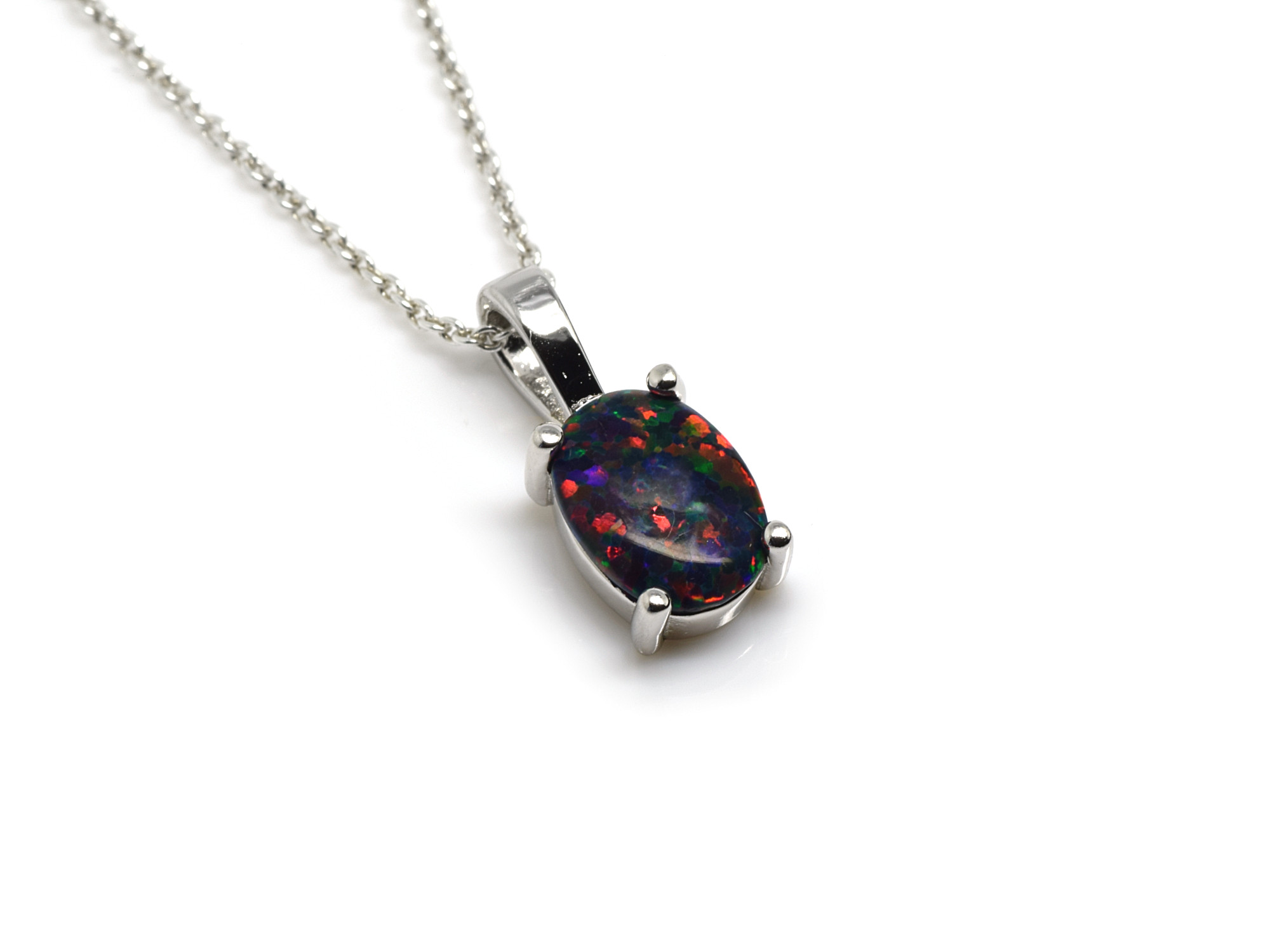 Regnbåge Syntetisk Opal Halsband i Äkta 925 Silver,  Litet Ovalt Regnbågsfärgat Ädelsten Smycke
