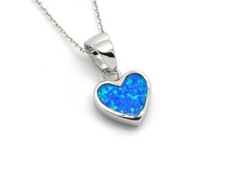 Hjärta med Blå Syntetisk Opal Halsband i Äkta 925 Silver, Hjärtformat Ädelsten Smycke