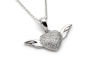 Hjärta med Vingar och Cubic Zirconia Halsband i Äkta 925 Silver, Kärlek Smycke