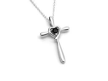 Kors Halsband med Svart Cubic Zirconia, Korshalsband  i Äkta 925 Silver