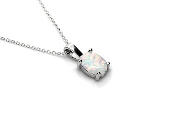 Vit Syntetisk Opal Halsband i Äkta 925 Silver, Litet Ovalt Hänge, Vitt Ädelsten Smycke