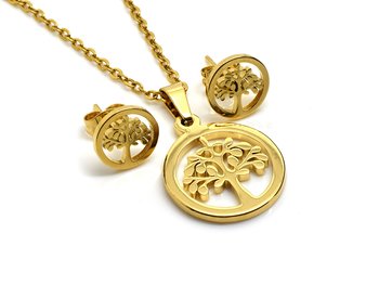 Livets Träd Set med Halsband och Örhängen i Rostfritt Stål Guld, Evigt Liv Hänge, Livsträd Smycke