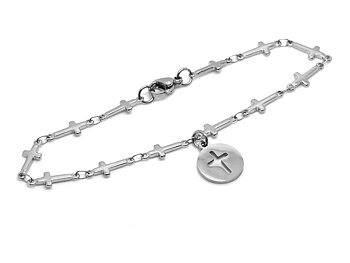 Korslänk Armband med Kors som Hänge i Rostfritt Stål, Konfirmation Smycke