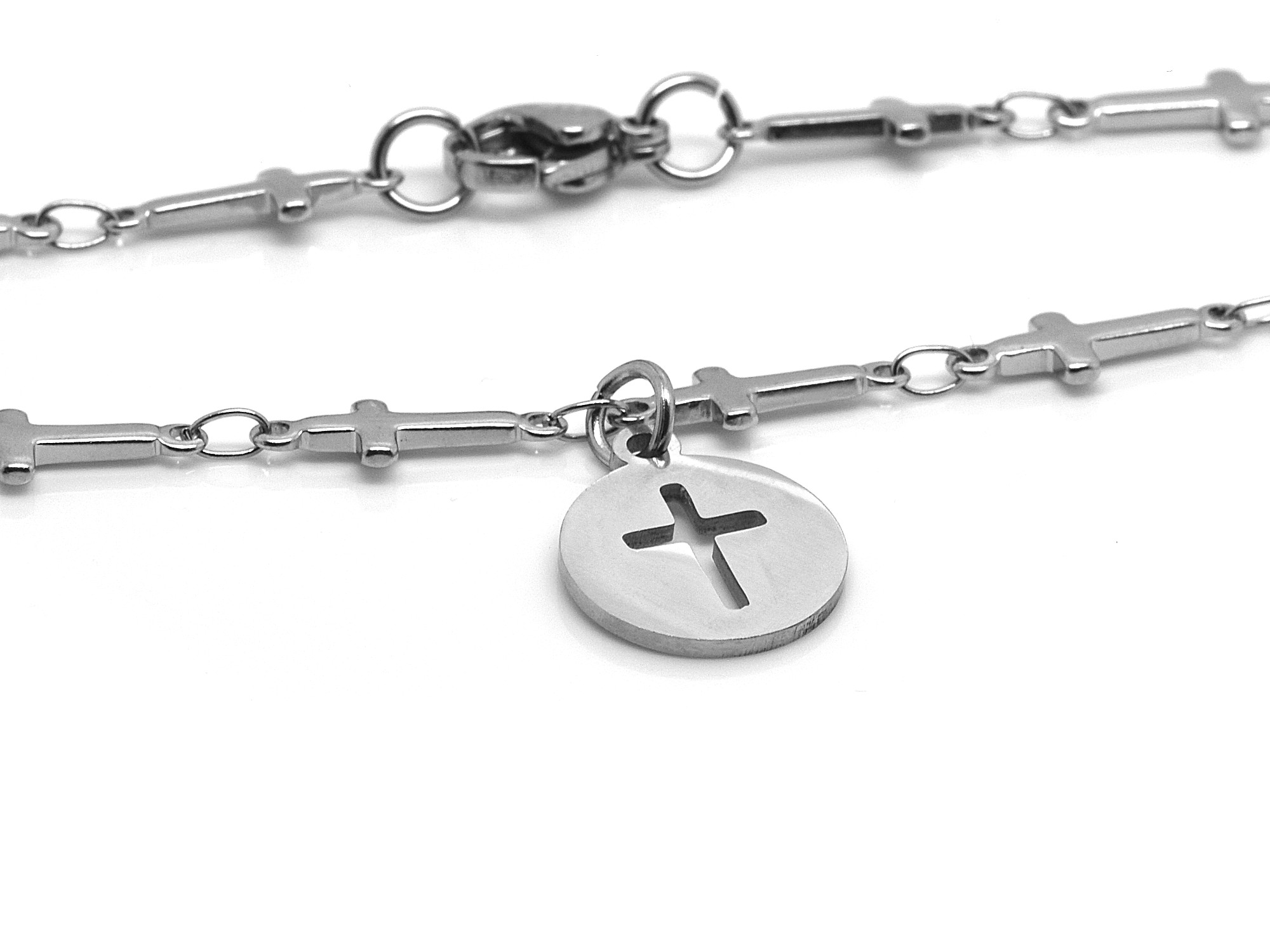 Korslänk Armband med Kors som Hänge i Rostfritt Stål, Konfirmation Smycke - 3