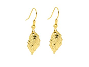 Guld Löv Örhängen i Rostfritt Stål, Gyllene Blad Örhänge, Träd Accessoar, Natur Smycke