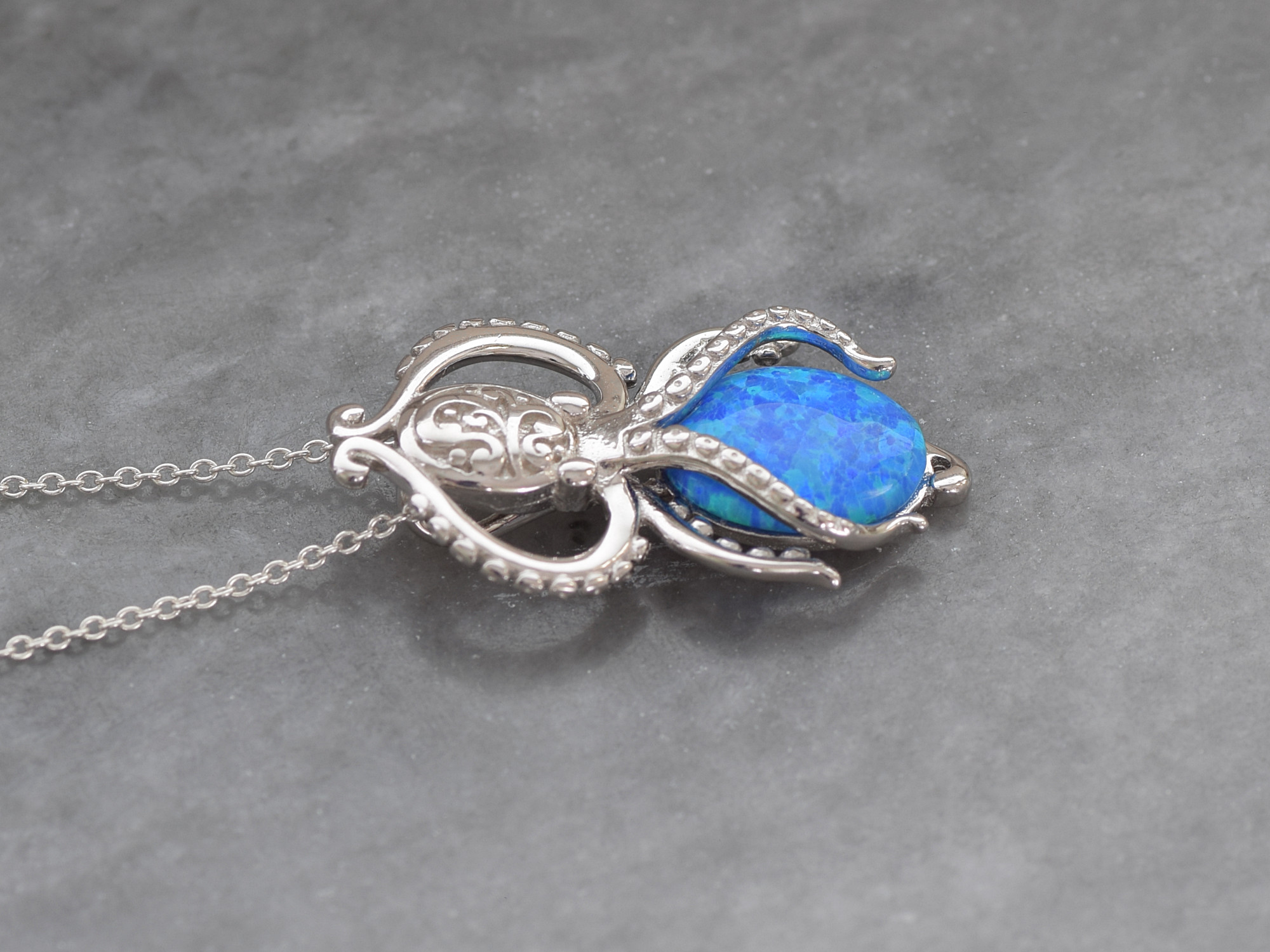 Bläckfisk med Blå Syntetisk Opal Halsband i Äkta 925 Silver, Blått Ädelsten Smycke - 2