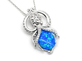 Bläckfisk med Blå Syntetisk Opal Halsband i Äkta 925 Silver, Blått Ädelsten Smycke