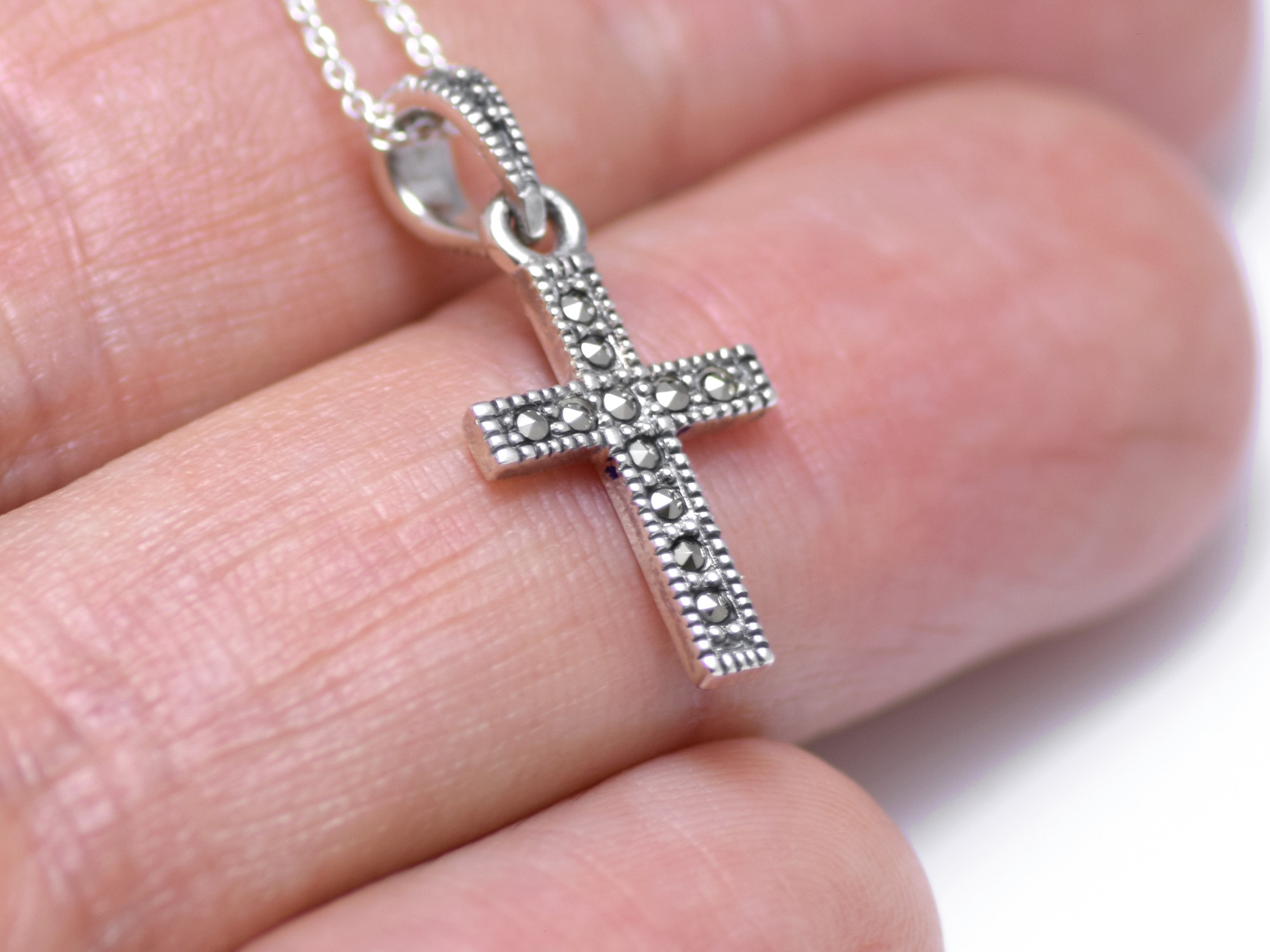 Kors Halsband med Markasiter i Äkta 925 Silver, Dop och Konfirmation Smycke - 4