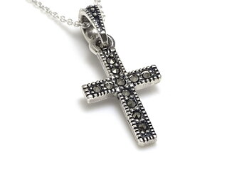 Kors Halsband med Markasiter i Äkta 925 Silver, Dop och Konfirmation Smycke