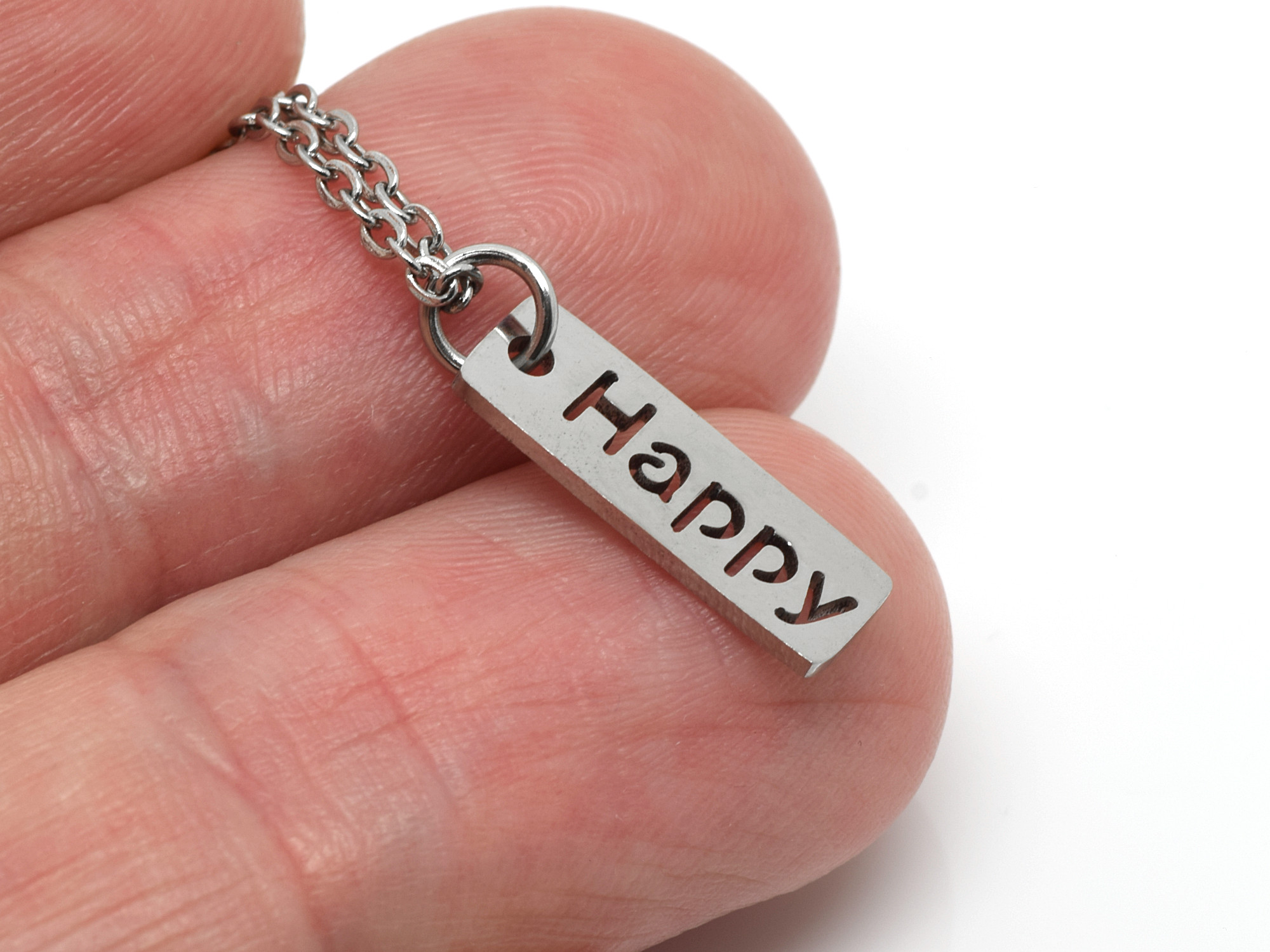 Happy Text Halsband i Rostfritt Stål, Tag med Glatt Budskap Smycke, Glädje Hänge - 3