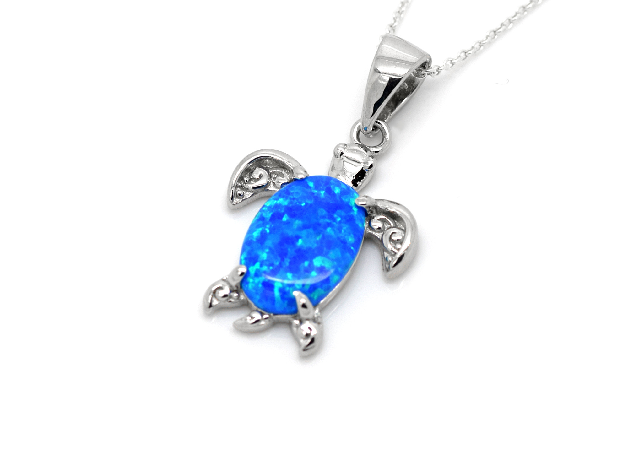 Sköldpadda med Blå Syntetisk Opal Halsband i Äkta 925 Silver, Havssköldpadda Ädelsten Smycke